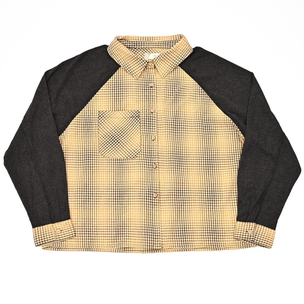 Oli & Hali Oversized Women's Plaid Button Up Shirt Waffle Knit Sleeves Boho M
